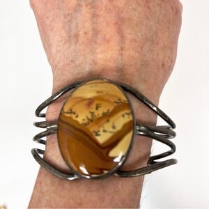 Brown and Tan Cuff Bracelet with Cabochon Agate? Stone